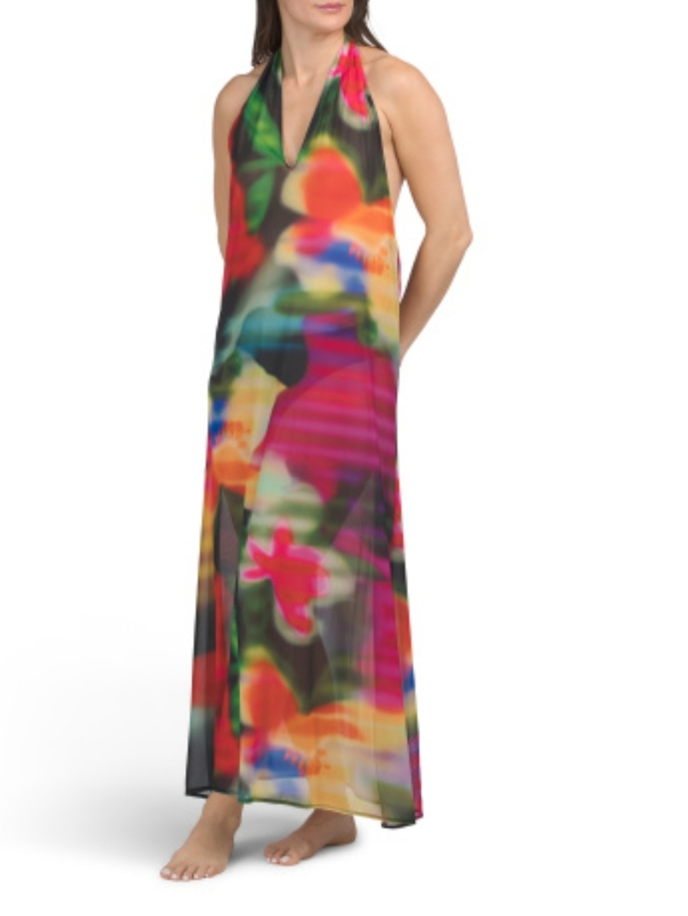 NWT Natori Floral Mirage Printed‎ Mesh Halter Dress Coverup Dress Vacay  Large